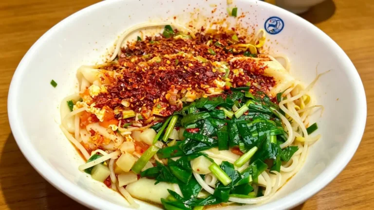 Saga-Shopping-Biang-Biang-Noddle - China Xian Tour: Private & Tailor-Made China Tours Bowl of noodles topped with red chili flakes, chopped green onions, and diced vegetables, conveying a spicy Asian dish.