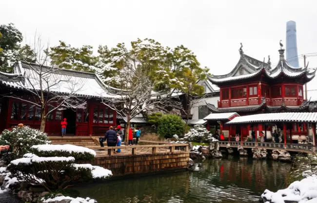 Snowy Yuyuan Garden in winter Shanghai