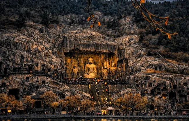 Panoramic view of Longmen Grottoes taken across the river