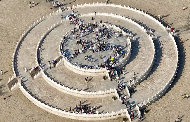 circular-mound-altar | China Xian Tour: Private & Tailor-Made China Tours Aerial view of a white circular spiral walkway crowded with visitors at a monument site.