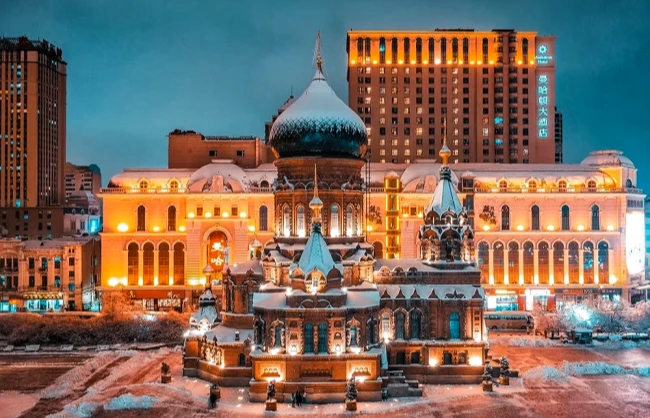 Snow-covered St Sophia Cathedral at night in Harbin