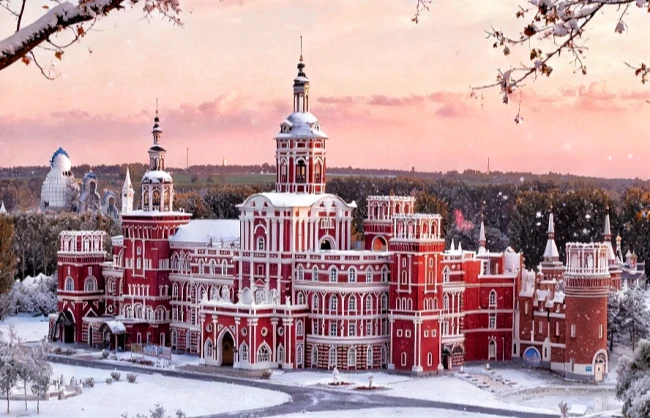 Russian style building in Harbin Volga Manor covered by snow