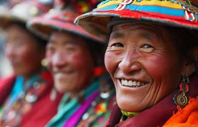 Tibetan women in traditional clothes with ornaments
