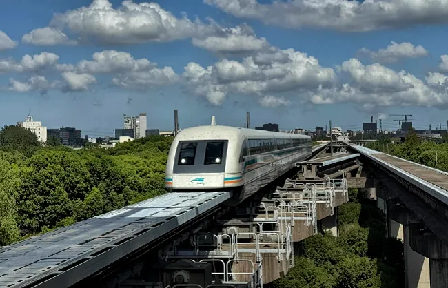 Modern train traveling on an elevated track above a green canopy with a city skyline in the distance under a blue, cloudy sky.