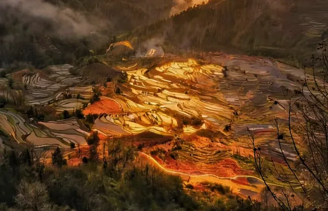 laohuzui terraced field scenic area at sunset | China Xian Tour: Private & Tailor-Made China Tours Laohuzui Terraced Field Scenic Area at Sunset in Yuanyang, Yunnan