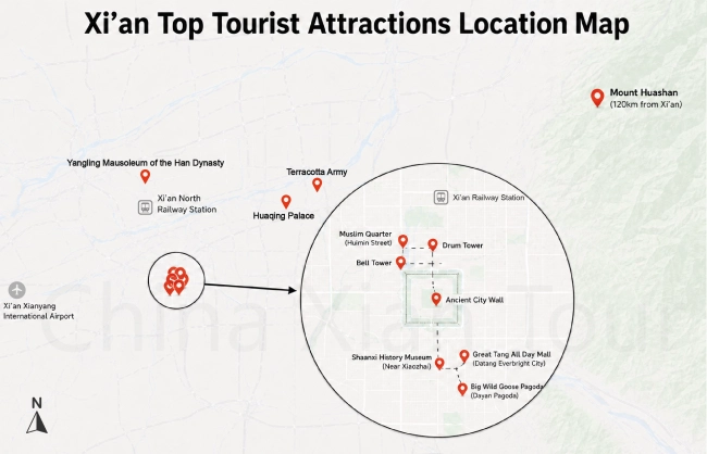 xian-top-tourist-attractions-location-map | China Xian Tour: Private & Tailor-Made China Tours Xian Top Tourist Attractions Location Map