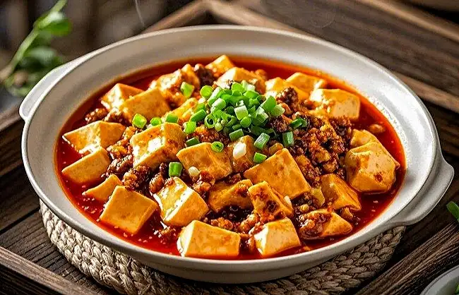 mapo tofu in chengdu food | China Xian Tour: Private & Tailor-Made China Tours Mapo tofu in a shallow gray bowl with tofu cubes and ground meat in a bright red chili sauce, topped with chopped green onions