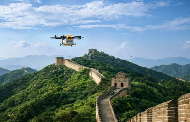 Drone delivering food at Badaling Great Wall