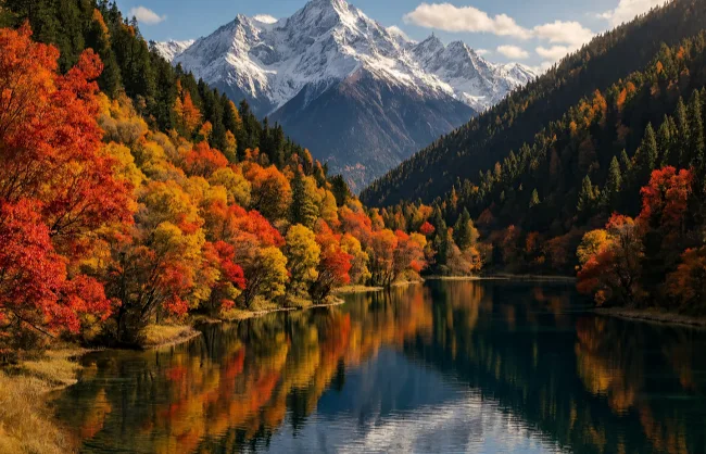 jiuzhaigai-november | China Xian Tour: Private & Tailor-Made China Tours Autumn forest with orange, red, and yellow trees along a calm lake reflecting the colorful foliage and snowcapped mountains in the distance