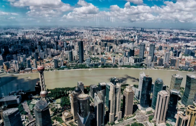 Cityscape view from Shanghai Tower 118th floor observation deck