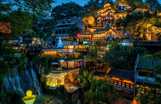 Chongqing Xiahaoli with old stilt houses, streams and waterfalls